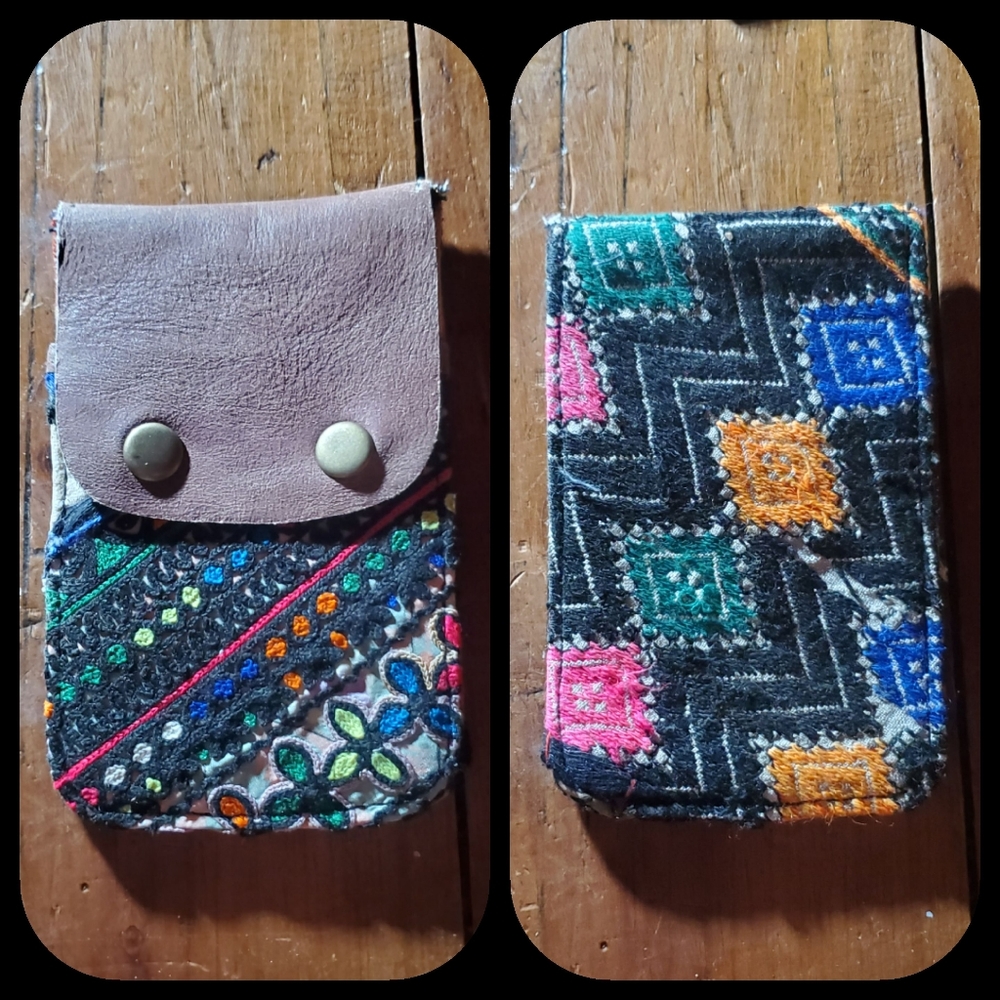 🥂🕺 Free People Boho Embroidered Repurposed vtg banjara hippie Wallet card case
